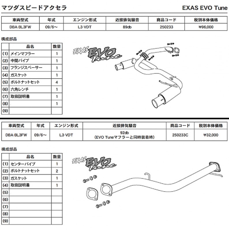 EVO Tune マツダスピードアクセラ BL3FW 触媒後交換タイプ | マフラー